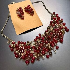 Vintage Red & Gold Beaded Chainmail Necklace & Earrings Set